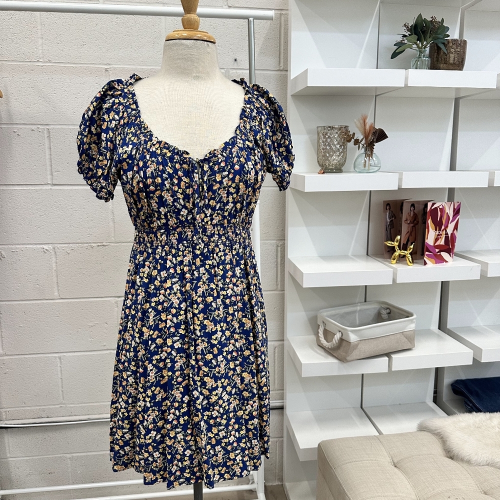 Bright Blue Milkmaid Dress with Yellow Floral